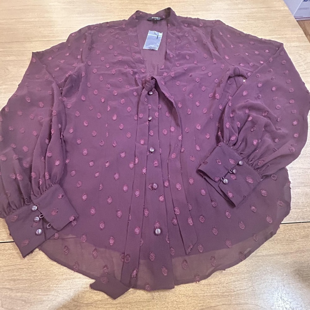 Express Blouse Womens Medium Purple Polka Dot‎ Sheer Chiffon V Neck Button Top